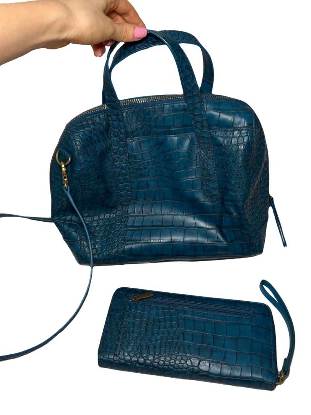 Fossil Teal Croc-Embossed Leather Satchel & Wristlet